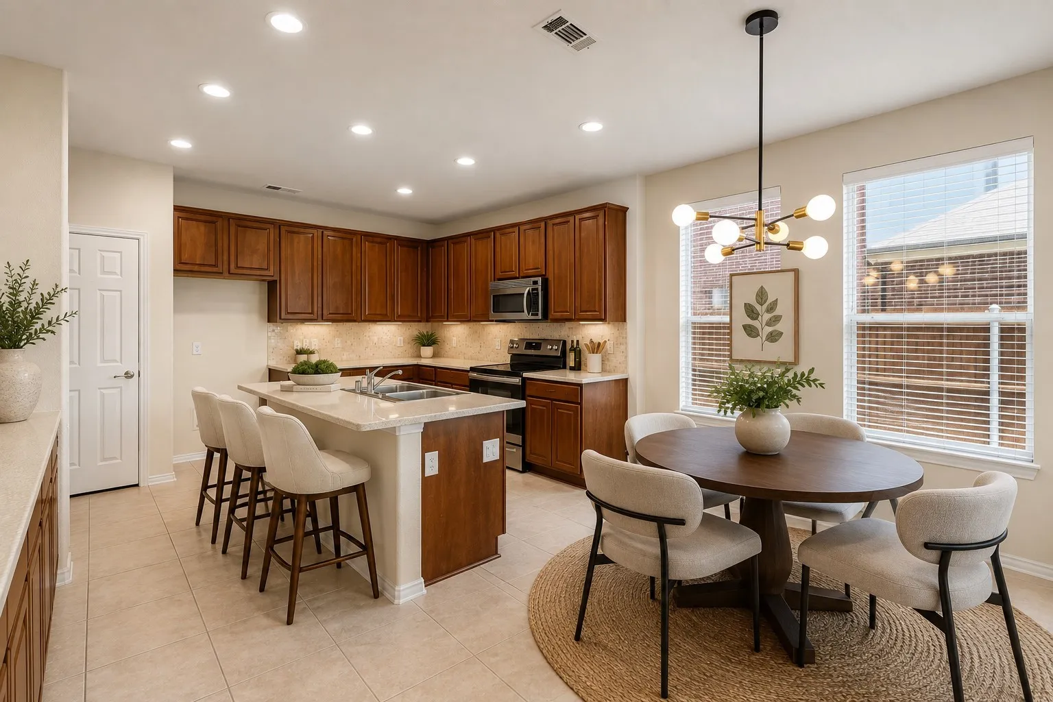 Kitchen featuring a center island, recessed lighting, tile flooring, and integrated appliances