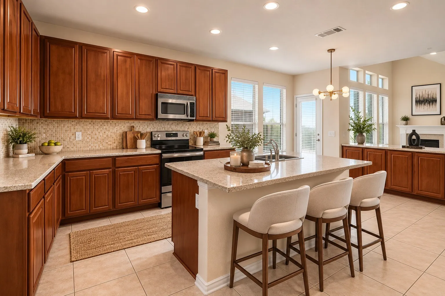 Expansive kitchen featuring a large central island, warm wood cabinetry, neutral tile flooring, stainless steel appliances, and abundant natural light from multiple windows