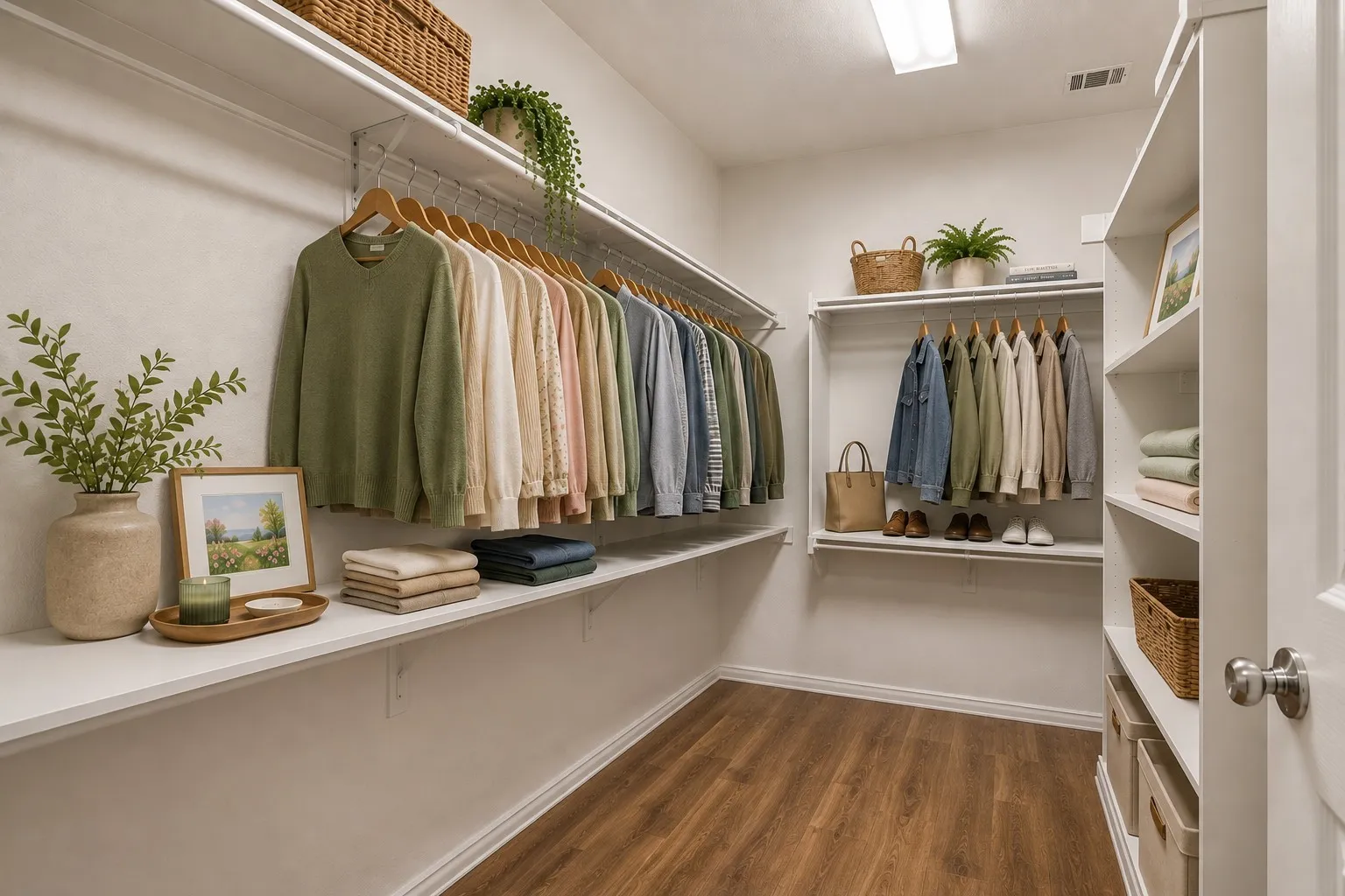 Walk-in closet with wood-finish flooring, white shelving, and multiple hanging rods for organization