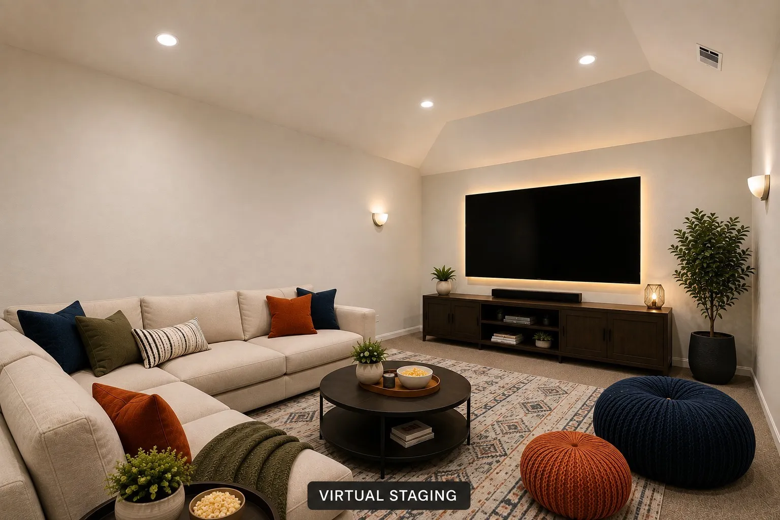 Recessed lighting, wall sconces, accent lighting behind television, built-in media console, and vaulted ceiling