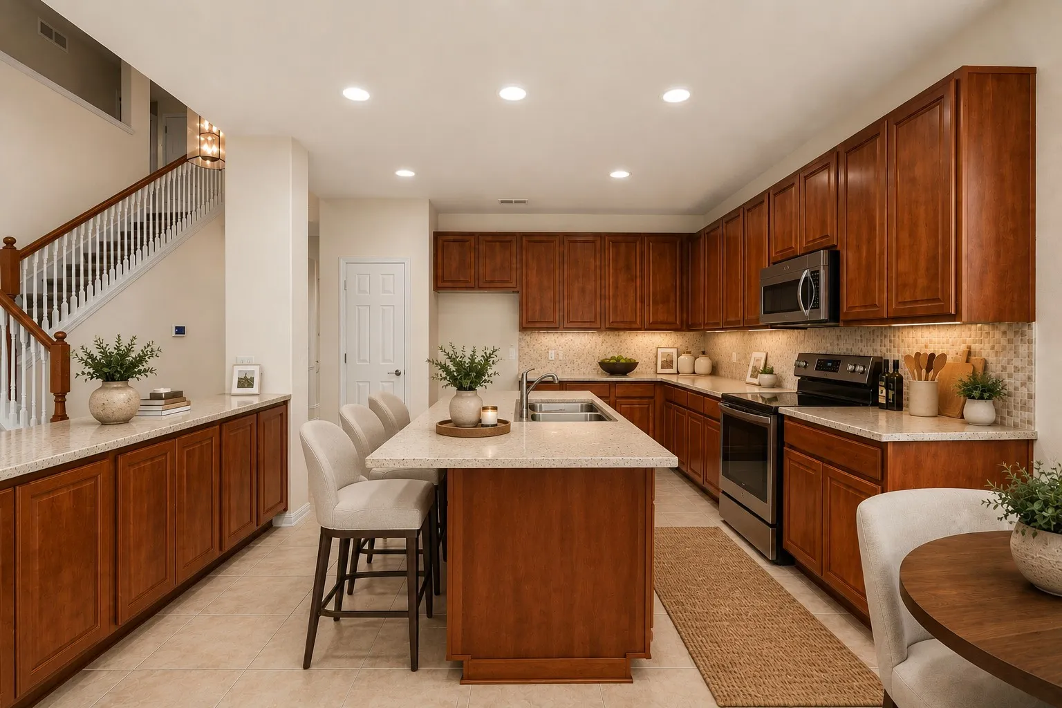 Kitchen featuring wood cabinetry, stainless steel appliances, a tiled backsplash, and recessed lighting