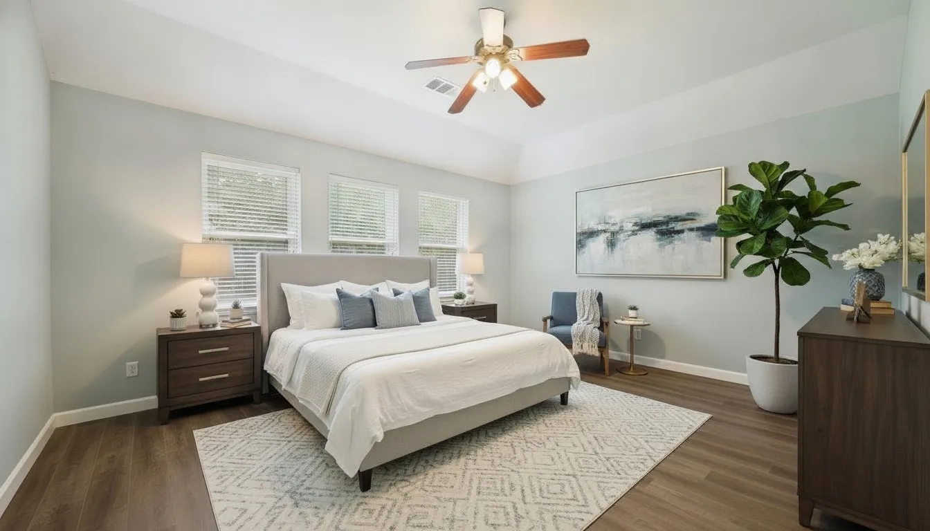Virtually staged primary bedroom