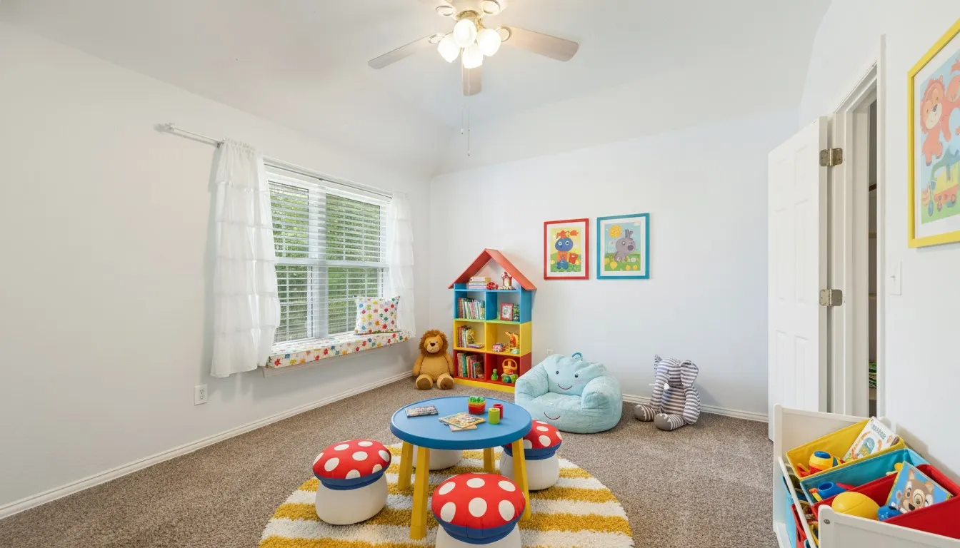 Bedroom virtually staged as a kid's room