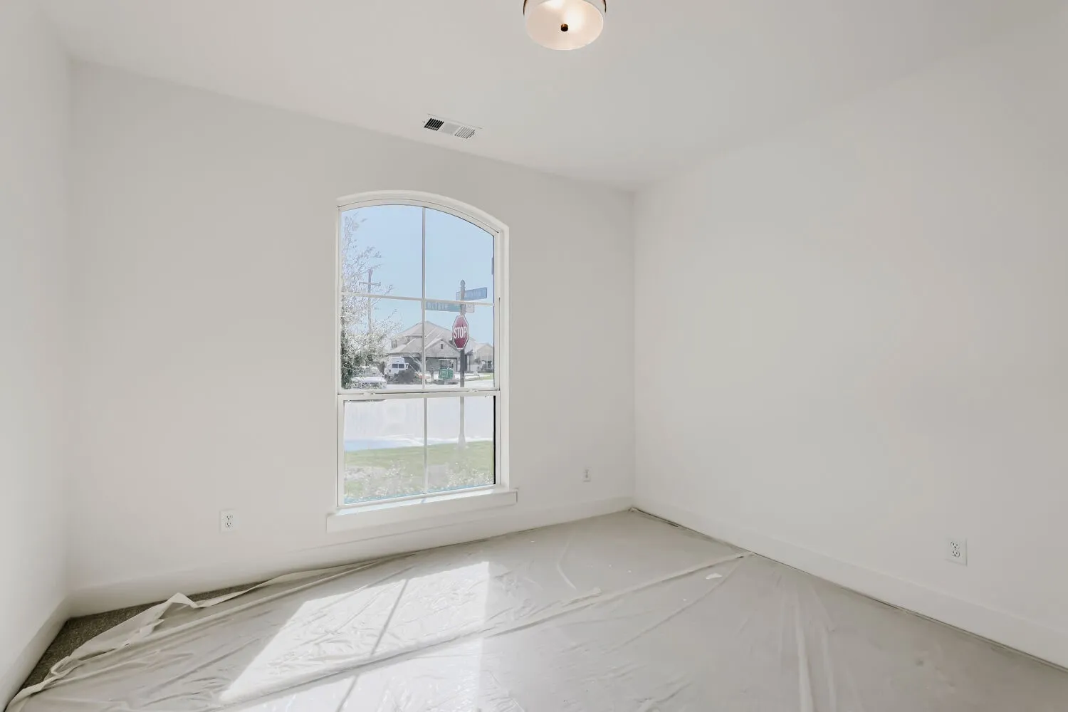 Arched window with multiple panes, ceiling-mounted lighting fixture, and neutral wall finish