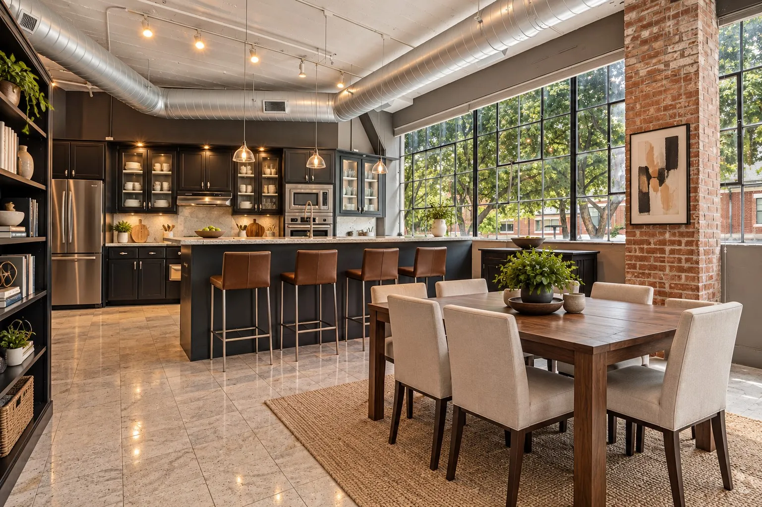Exposed brick column, large industrial-style windows, polished tile flooring, black cabinetry, and stainless steel appliances