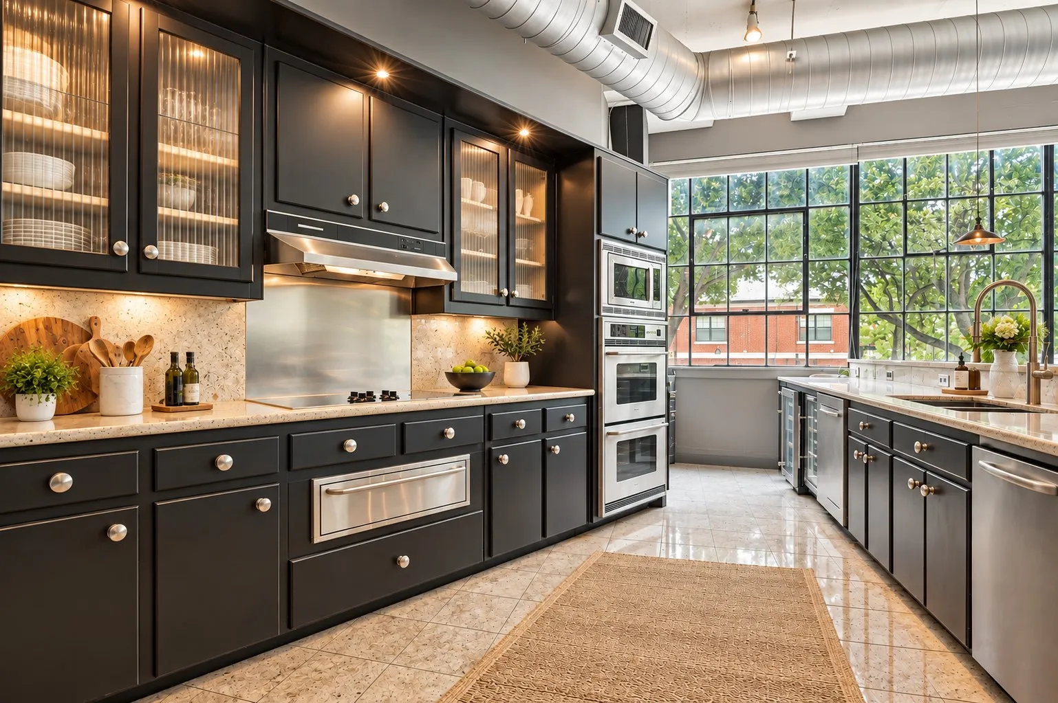 Gourmet kitchen with black cabinetry, stainless steel appliances, and large industrial-style windows