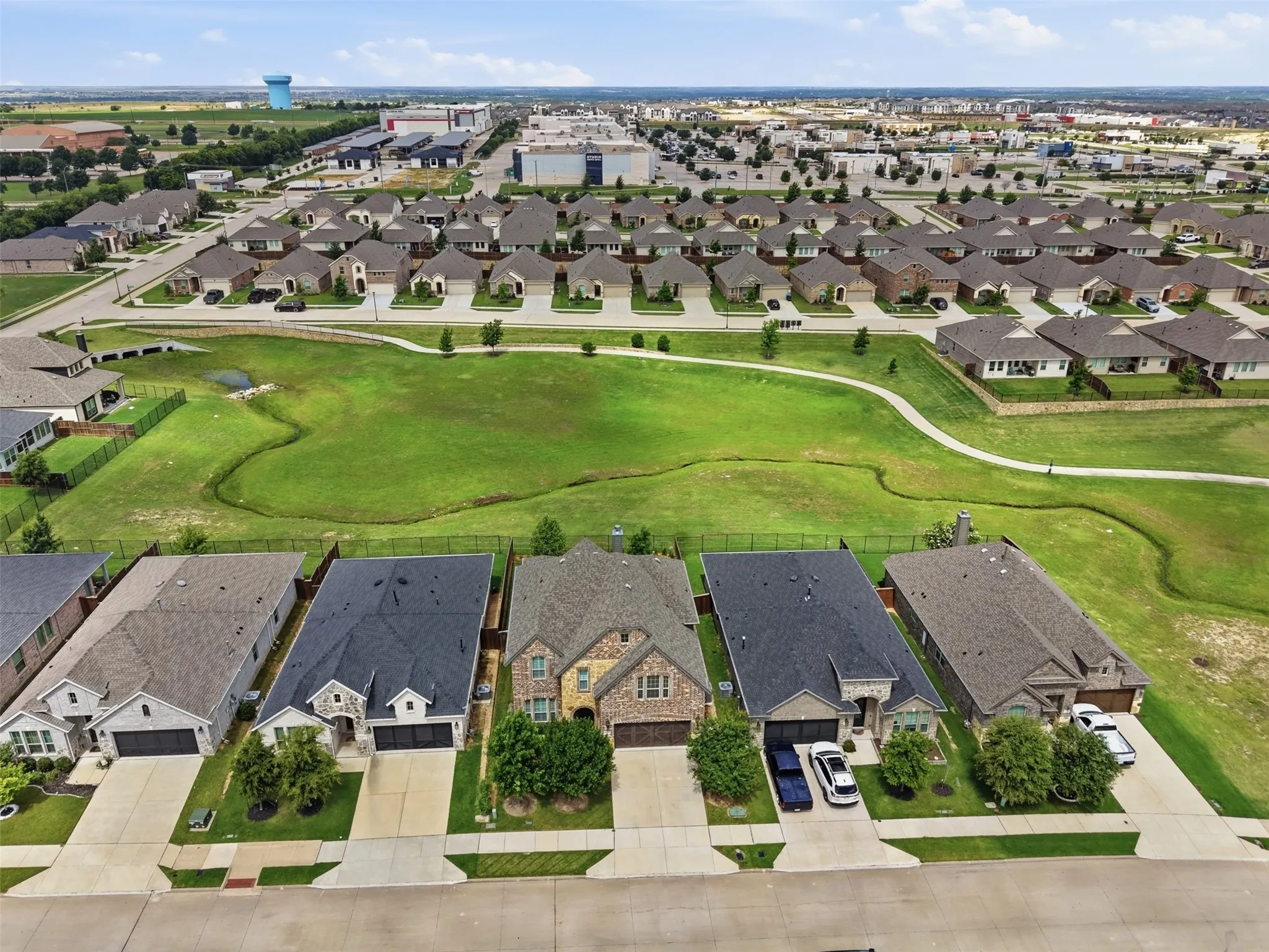 Aerial perspective showcasing a residential development with varied architectural styles