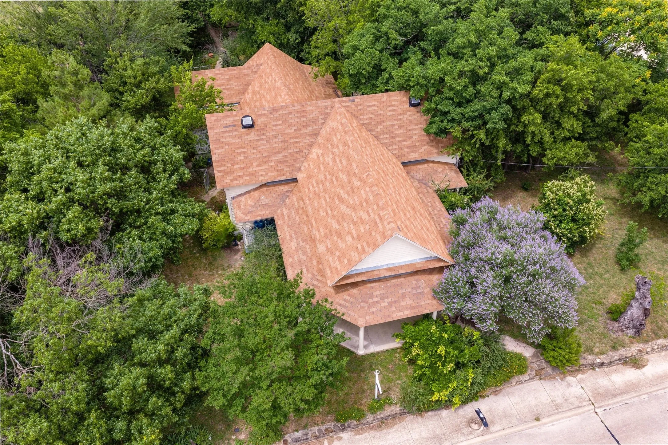 Architectural property nestled among mature trees