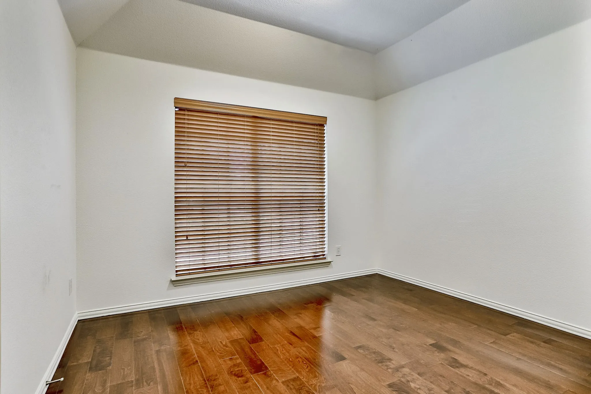 Bright interior room featuring wood-finish flooring, white baseboards, and a window with wood blinds