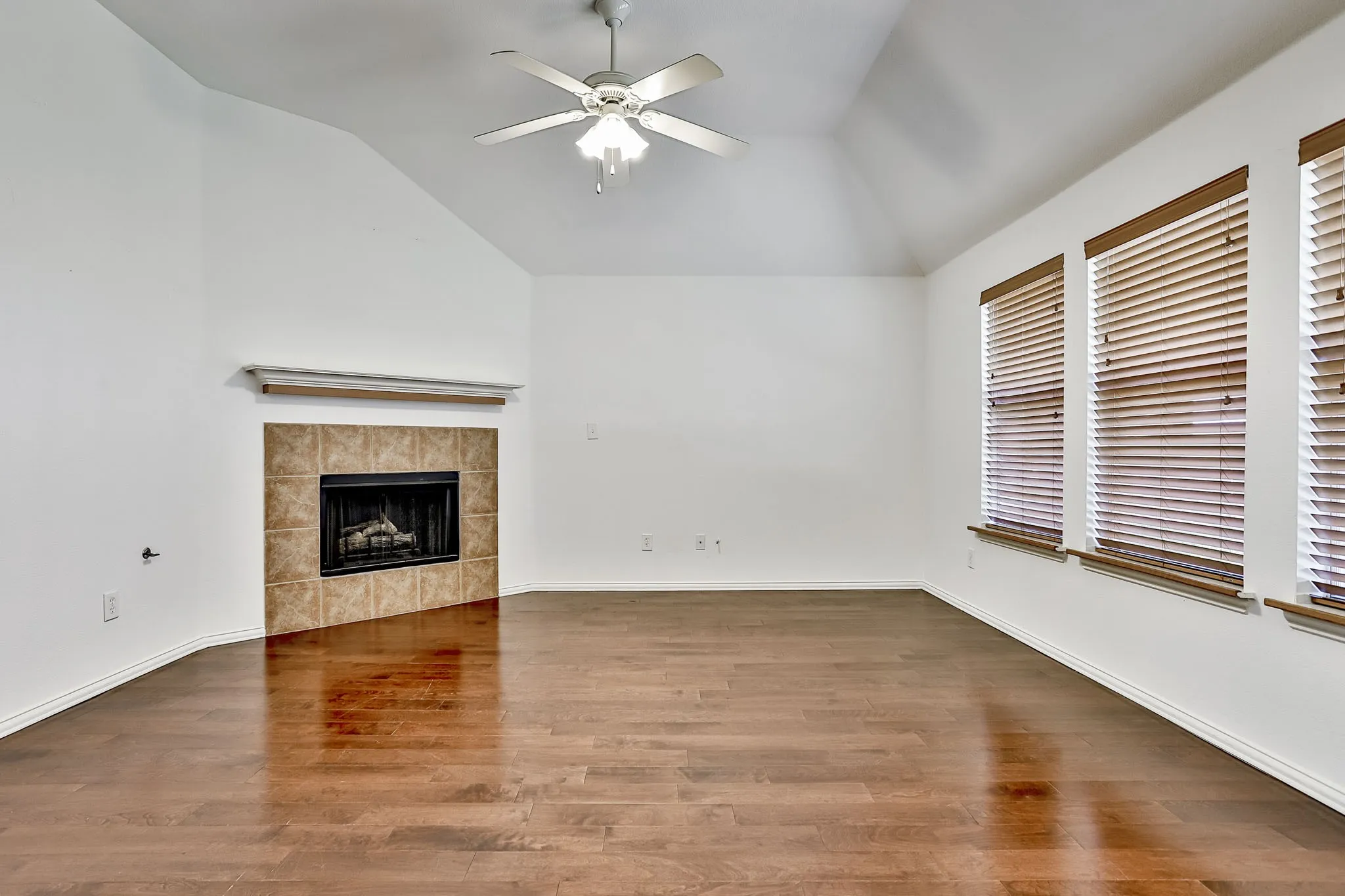 Living area featuring vaulted ceilings, a ceiling fan, and wood-finish flooring