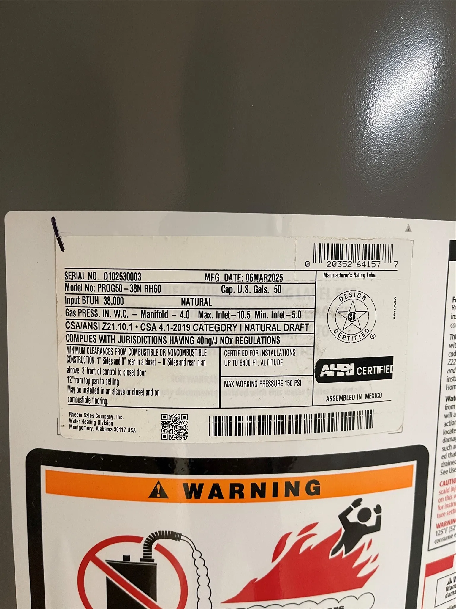 Water heater label.