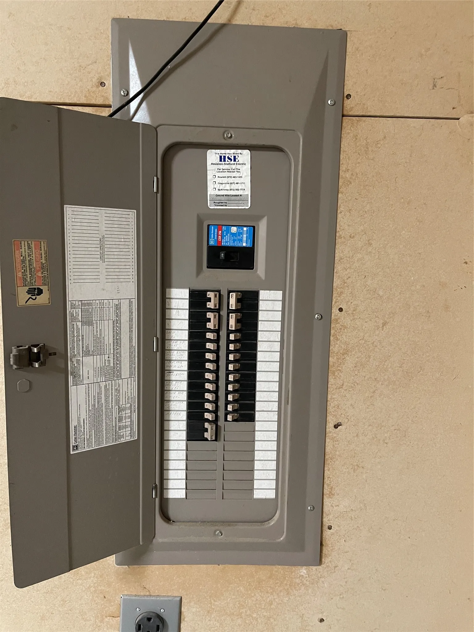 Electircal panel showing a NEMA 14-50 outlet installed just below, for fast EV charging!