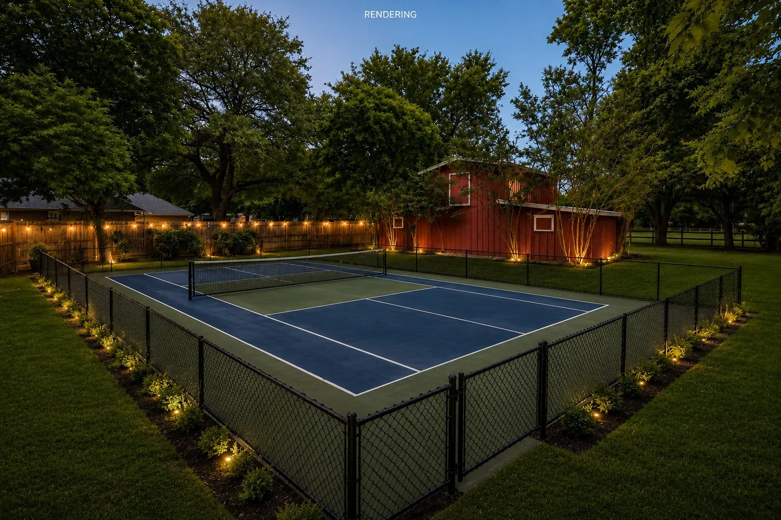 ***RENDERING***Fenced multi-sport court with perimeter lighting, a dedicated storage building, and mature trees