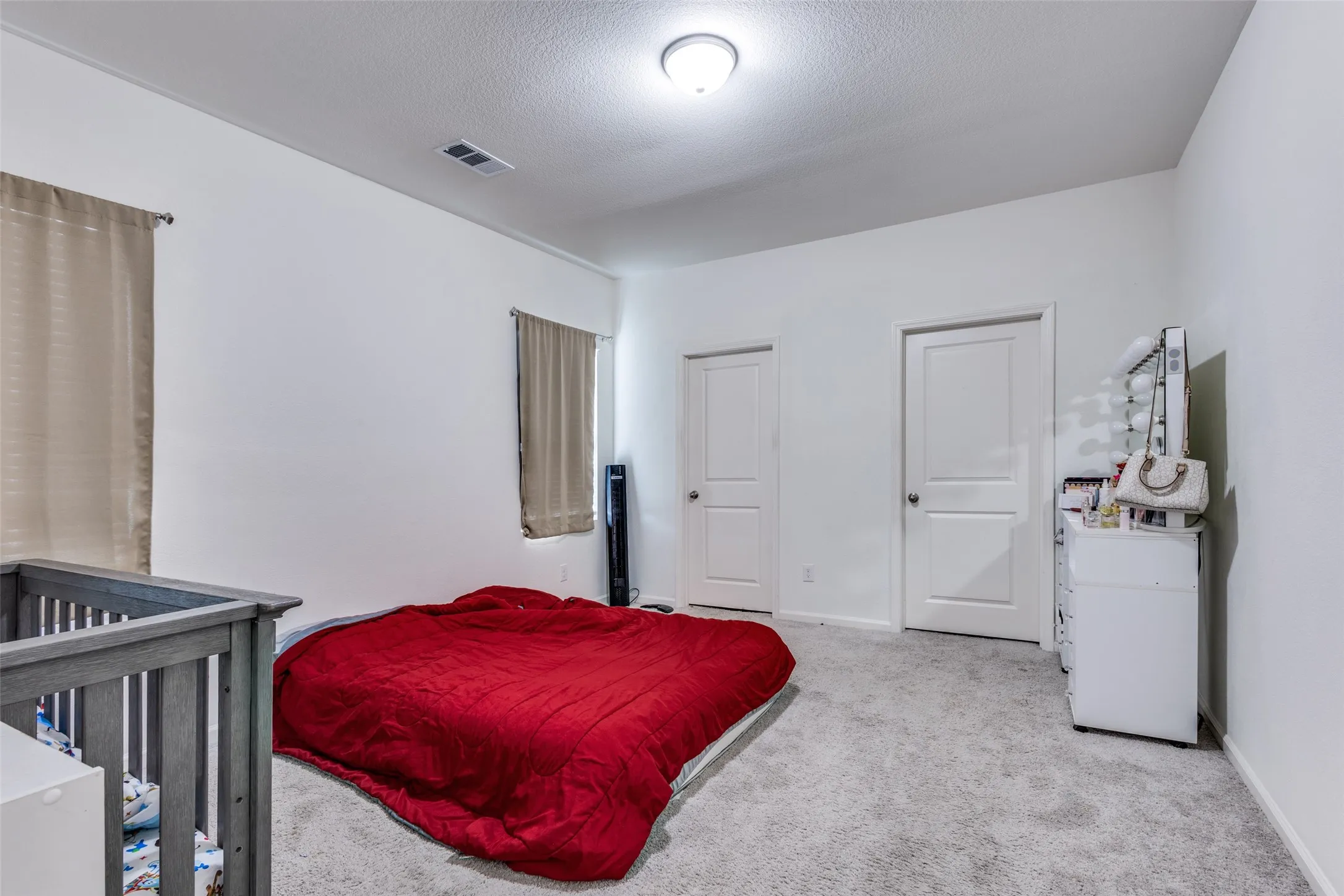 Carpeted room featuring two panel doors, two windows with blinds, and white painted walls