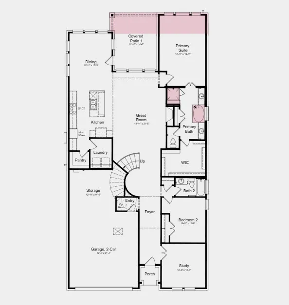 Additional Highlights Include: Brick front porch, additional secondary bath on second floor, extended covered outdoor living and primary suite, exterior gas drop, slide-in tub at primary bath, and pendant lights at kitchen island.