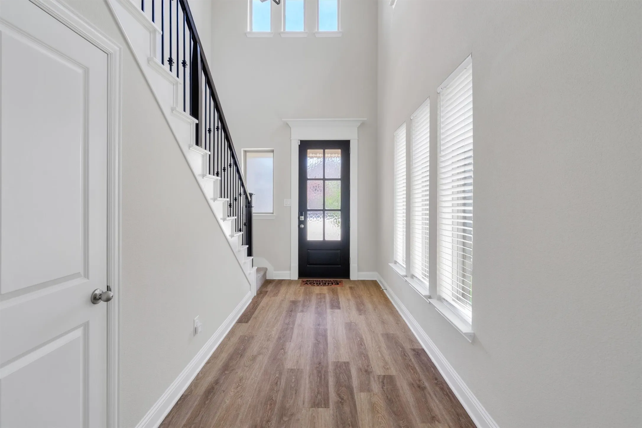 Two-story foyer featuring wood-finish flooring, a contemporary staircase with black wrought iron spindles, a paneled front door with glass inserts, multiple windows with blinds, and high ceilings