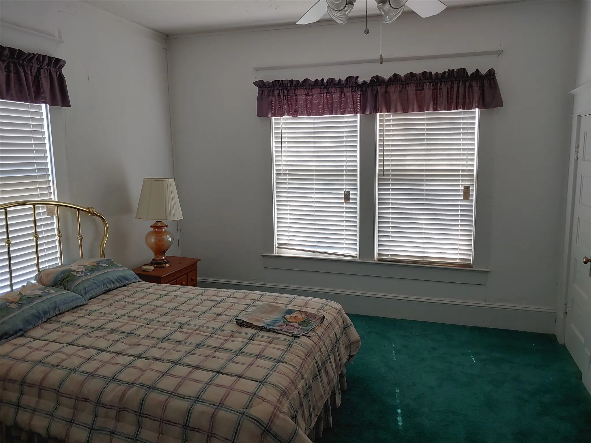 Room featuring two large windows with blinds, a ceiling fan, and green carpet flooring