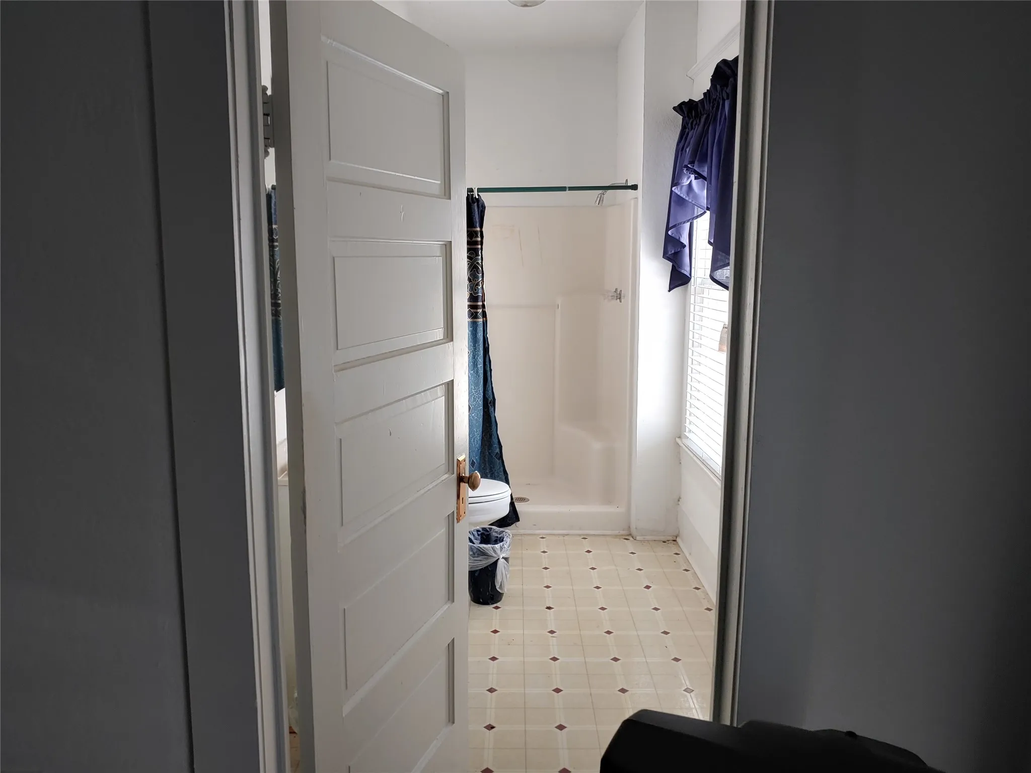 Bathroom featuring a walk-in shower, patterned tile-finish flooring, a window with blinds, and a paneled door