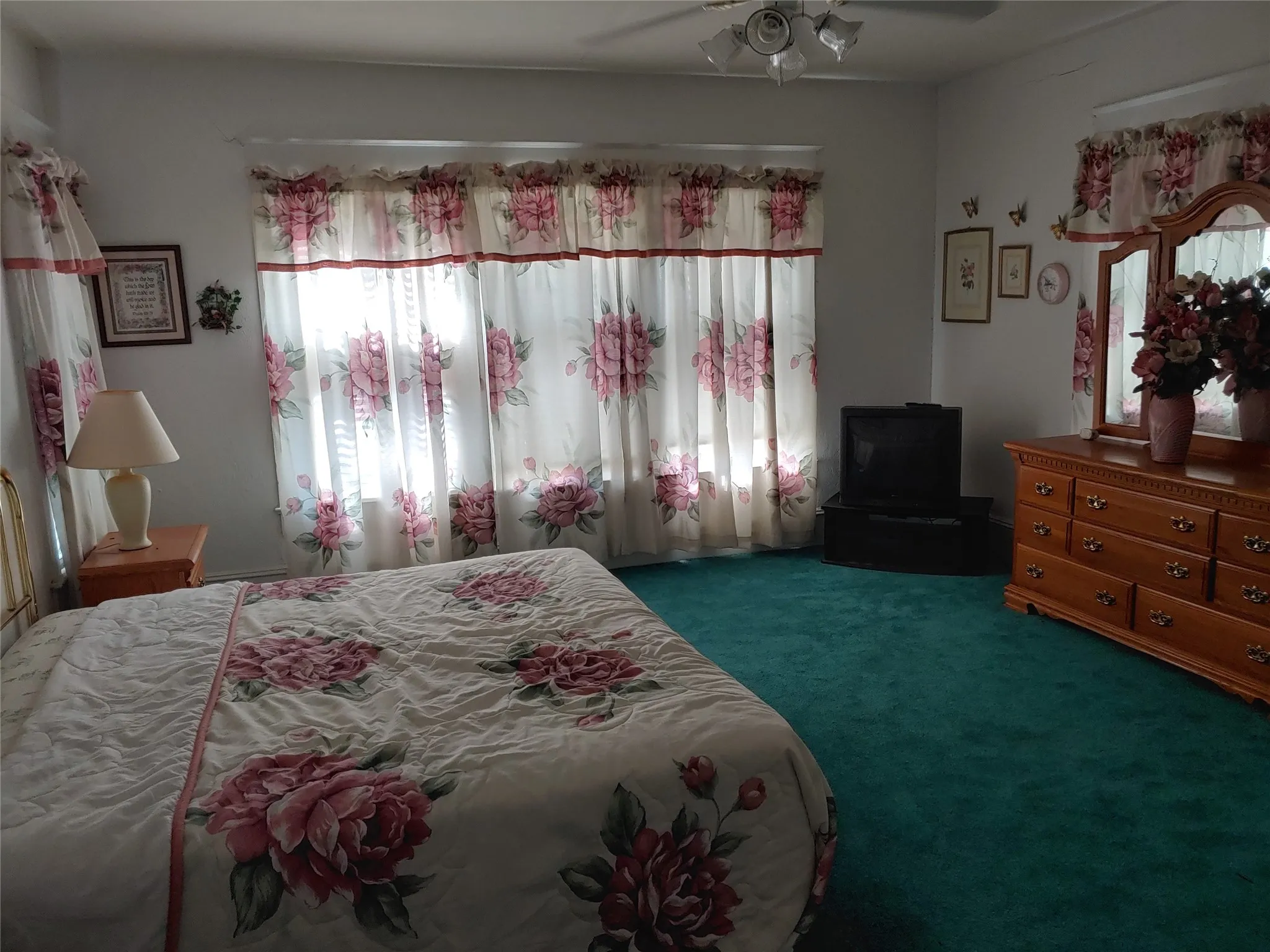 Room featuring a ceiling fan, teal carpeting, and white walls