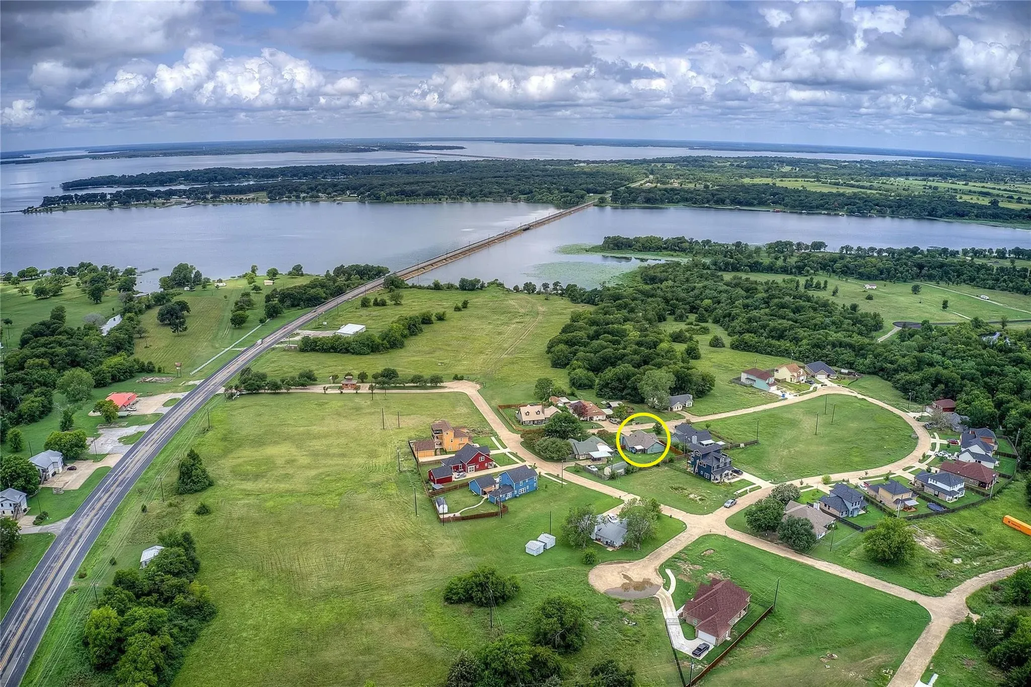Aerial perspective showcasing the lake community