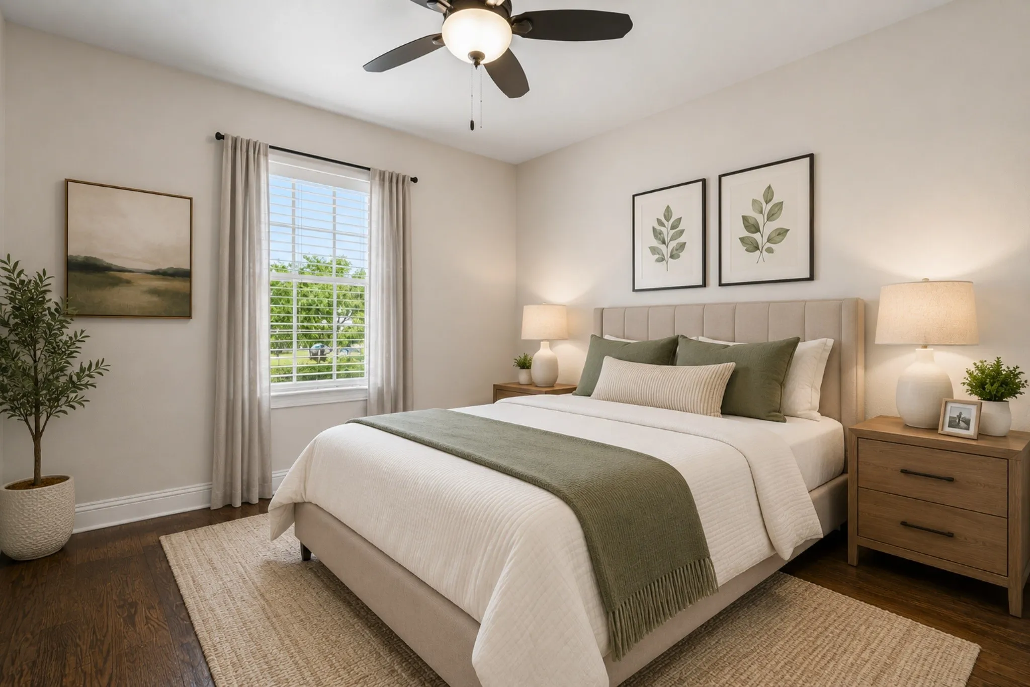 Dark wood-finish flooring, a ceiling fan with integrated lighting, and a window featuring horizontal blinds