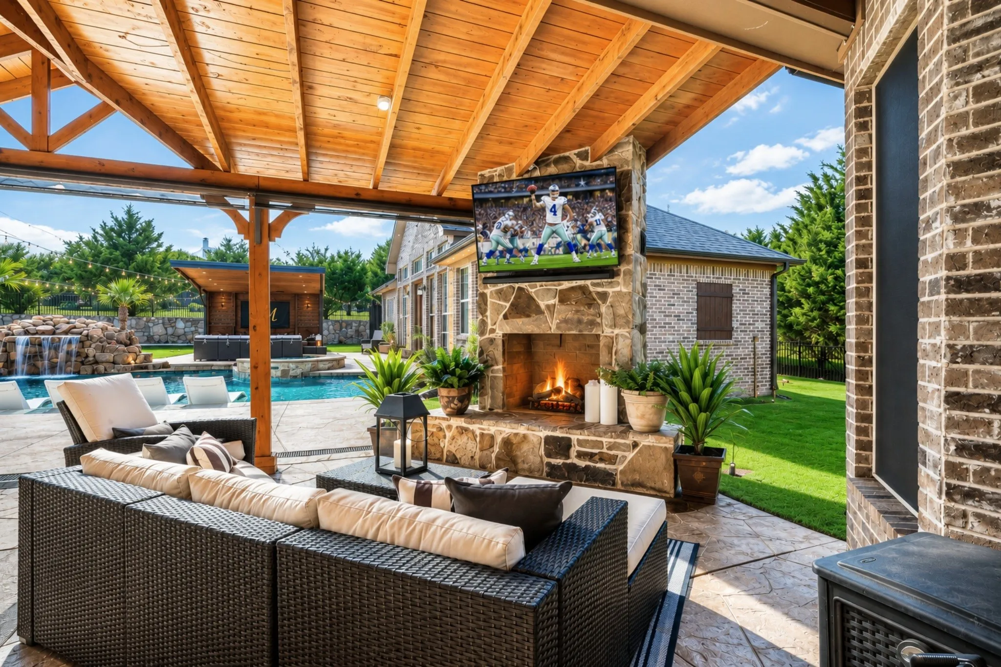 Expansive covered patio featuring a stone-clad fireplace and wood-finish ceiling