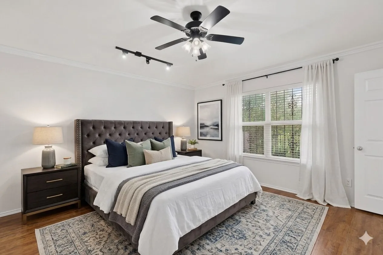 Spacious room featuring wood-finish flooring, a ceiling fan with integrated lighting, and a large window with blinds and sheer drapes