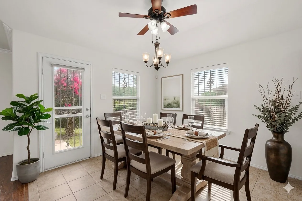 Dining area featuring tile flooring, a ceiling fan with integrated lighting, and a multi-pane glass door with a decorative security screen
