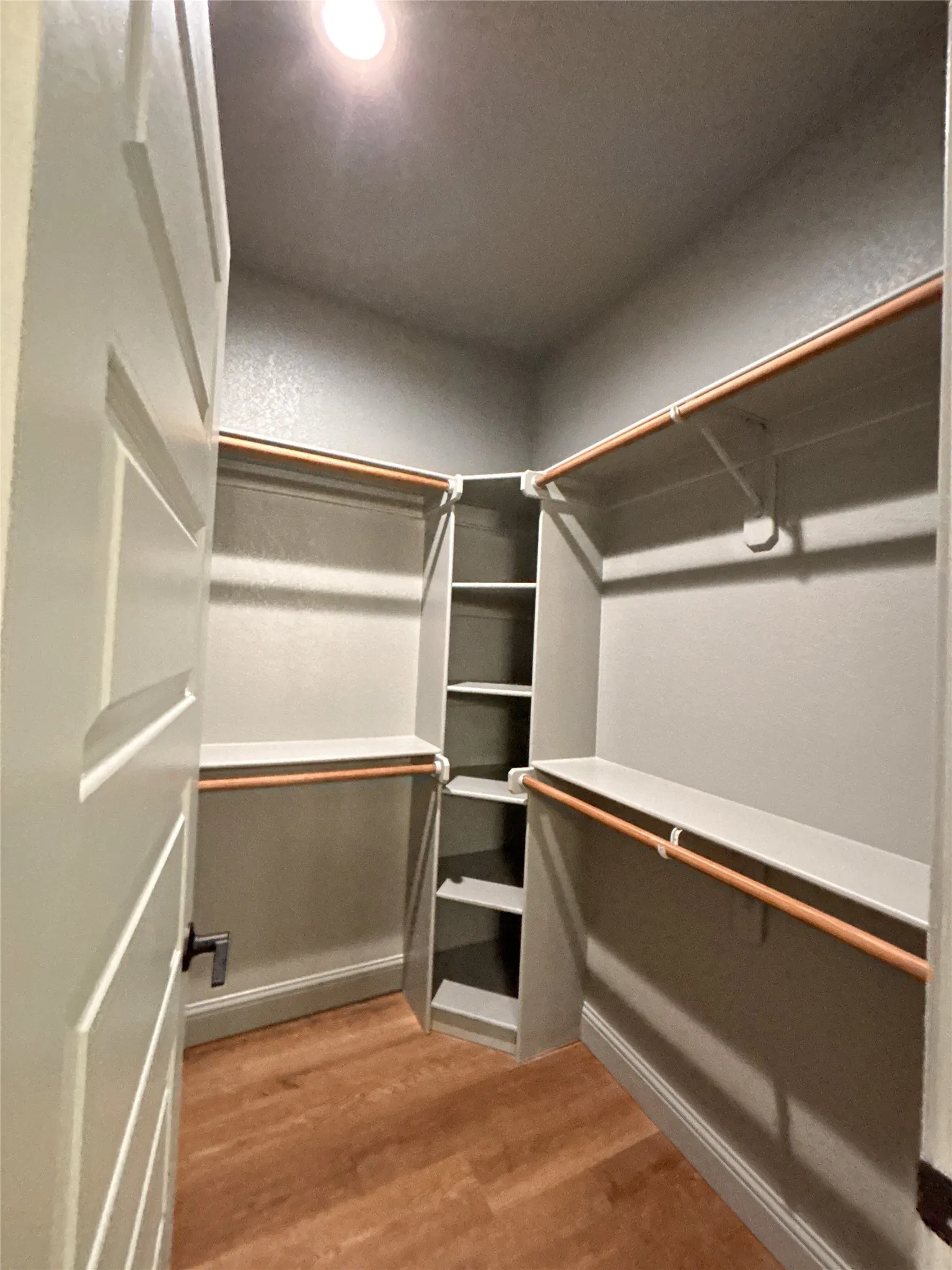 Walk-in closet featuring wood-finish flooring, built-in shelving, and hanging rods