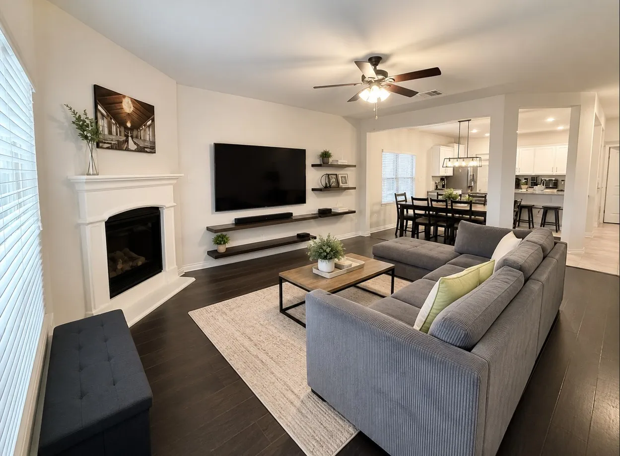 Spacious family room complimented with gas started fireplace