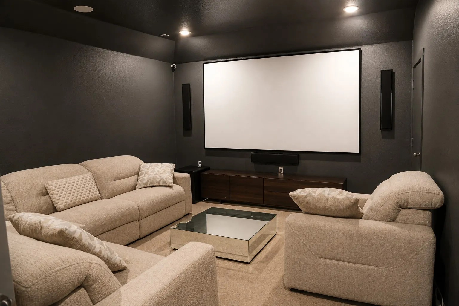 Dedicated media room featuring a large projection screen, recessed lighting, wall-mounted speakers, and a wood-finish media console