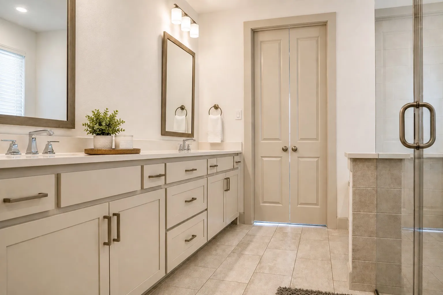 Dual vanity with undermount sinks and chrome fixtures, featuring extensive cabinet storage