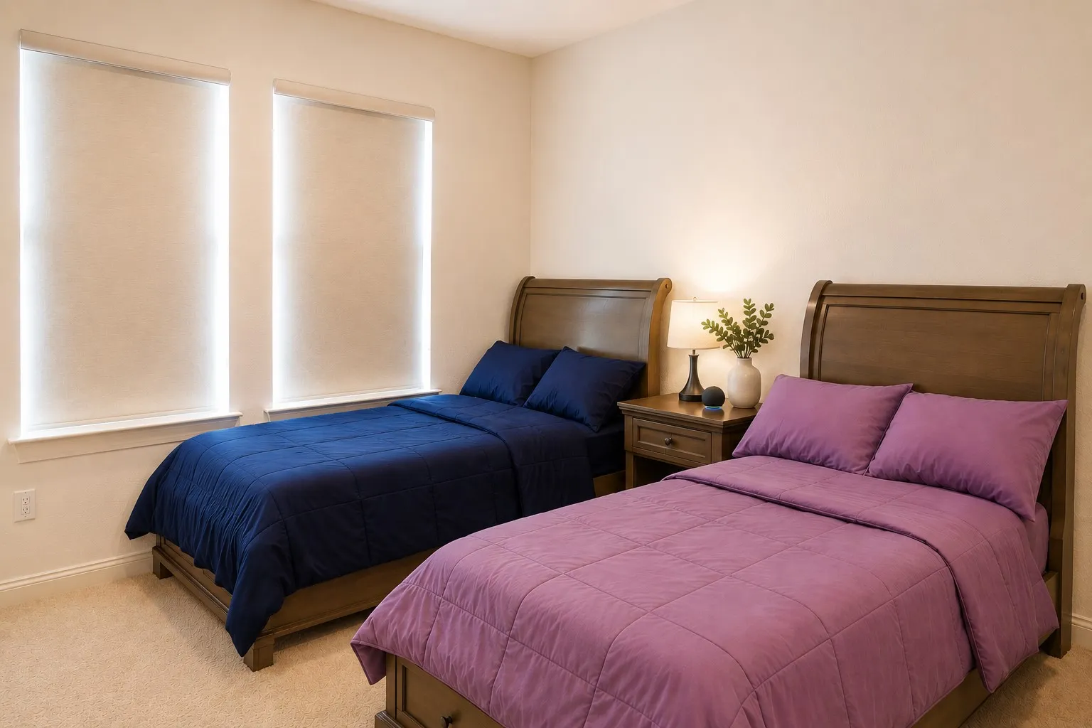 Neutral-toned walls complement plush carpet flooring