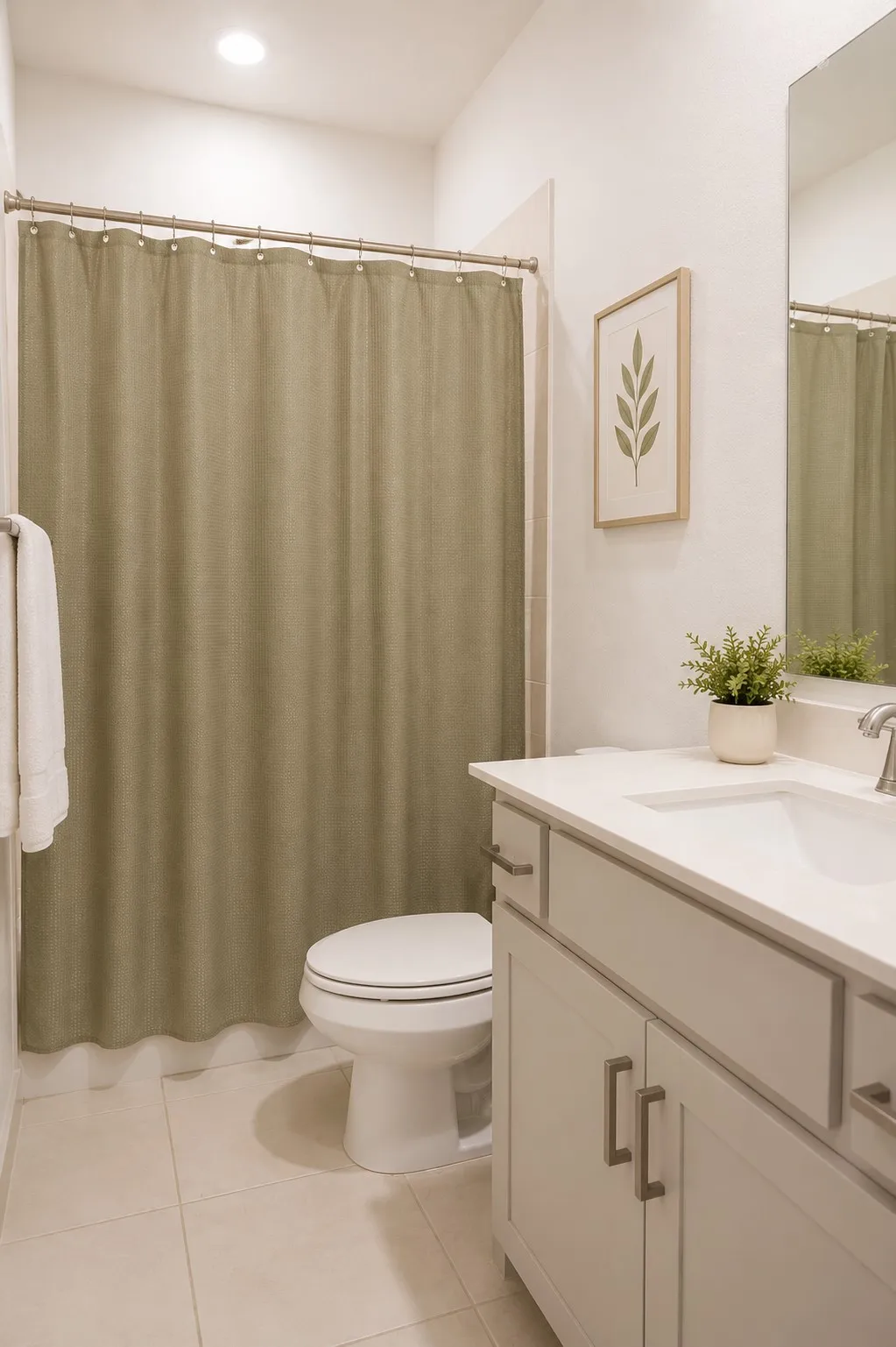 Bathroom featuring a white toilet, light-colored tile flooring, and a vanity with an integrated sink and light gray cabinetry