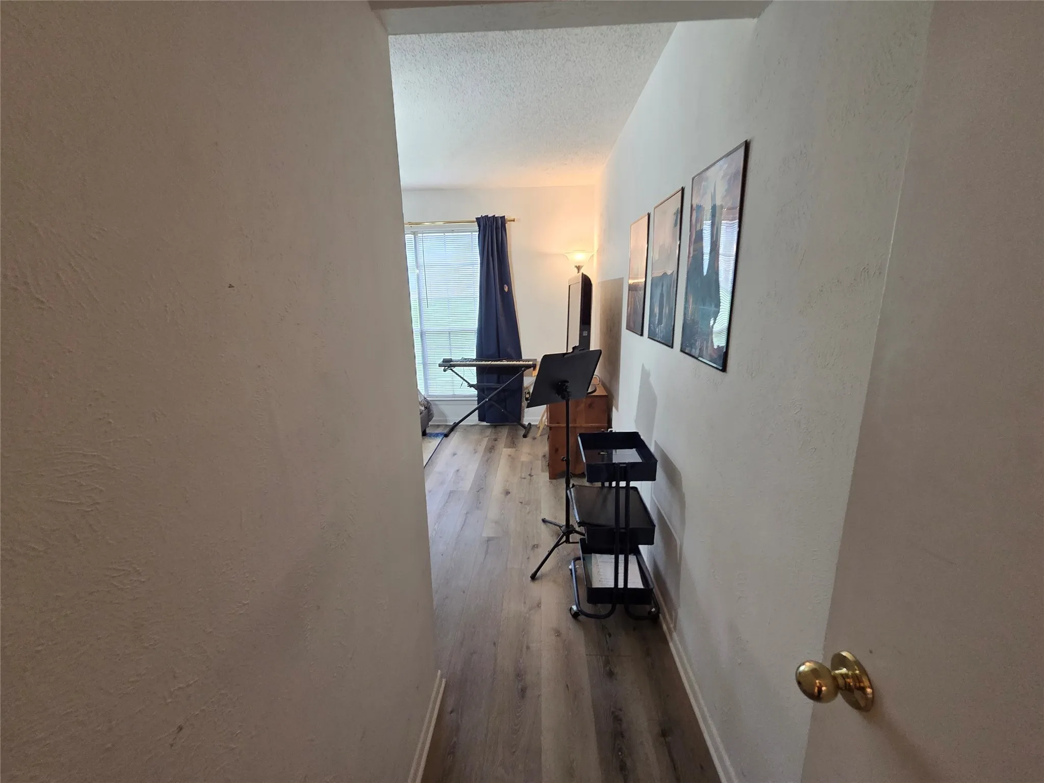 Wood-finish flooring extending from the hallway into a brightly lit room with a large window