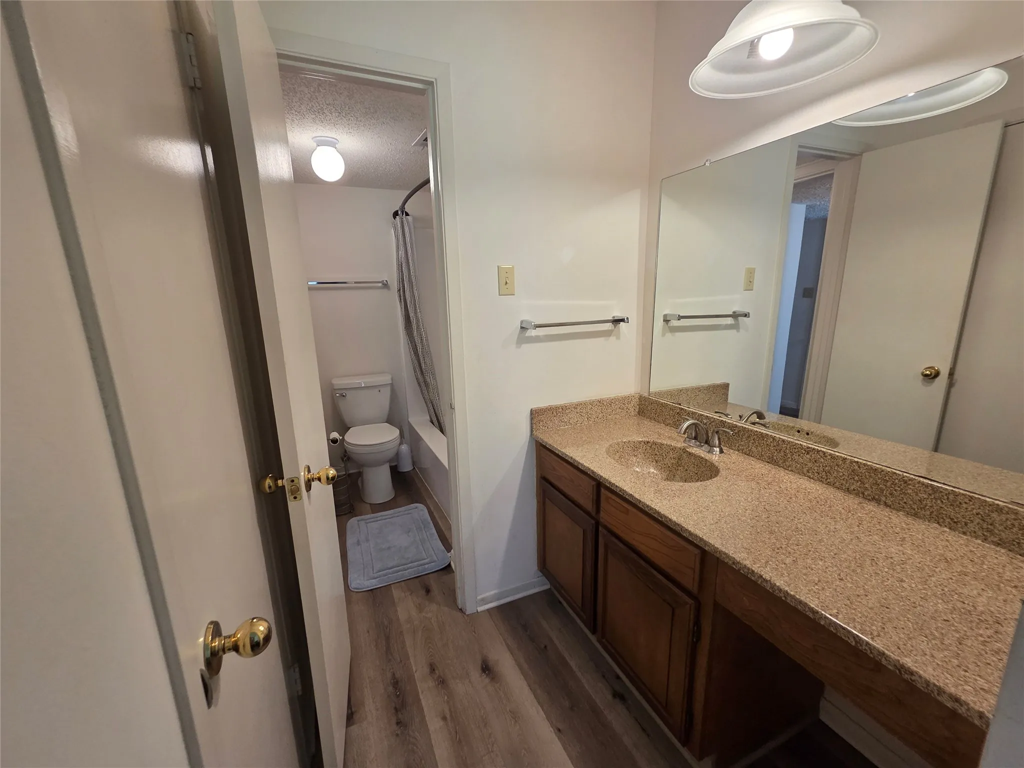 Bathroom featuring a spacious vanity with integrated sink, a large wall-mounted mirror, and wood-finish flooring