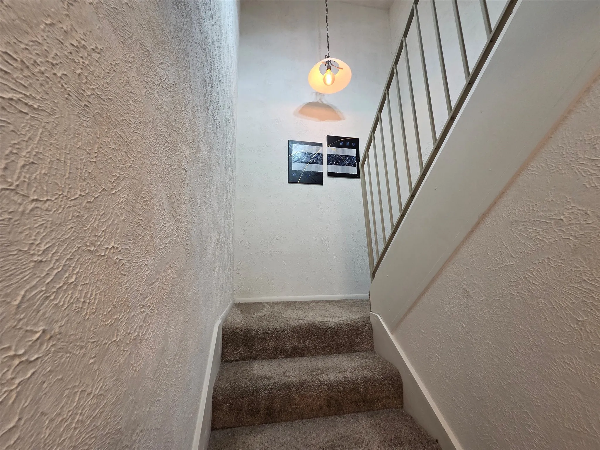 Carpeted staircase featuring a light-toned railing and textured wall finishes