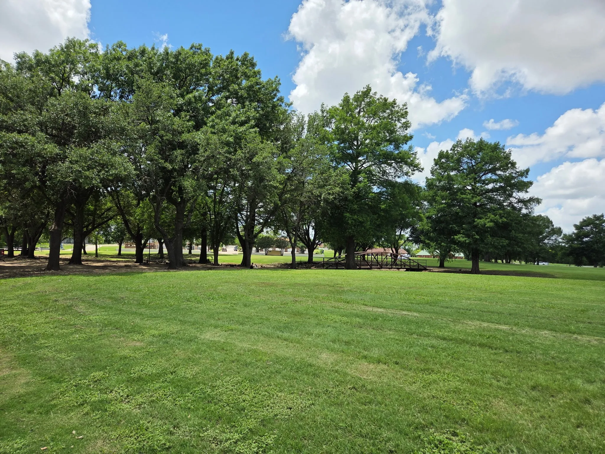 Expansive manicured lawn with mature trees and a distant wooden bridge structure under a blue sky with white clouds