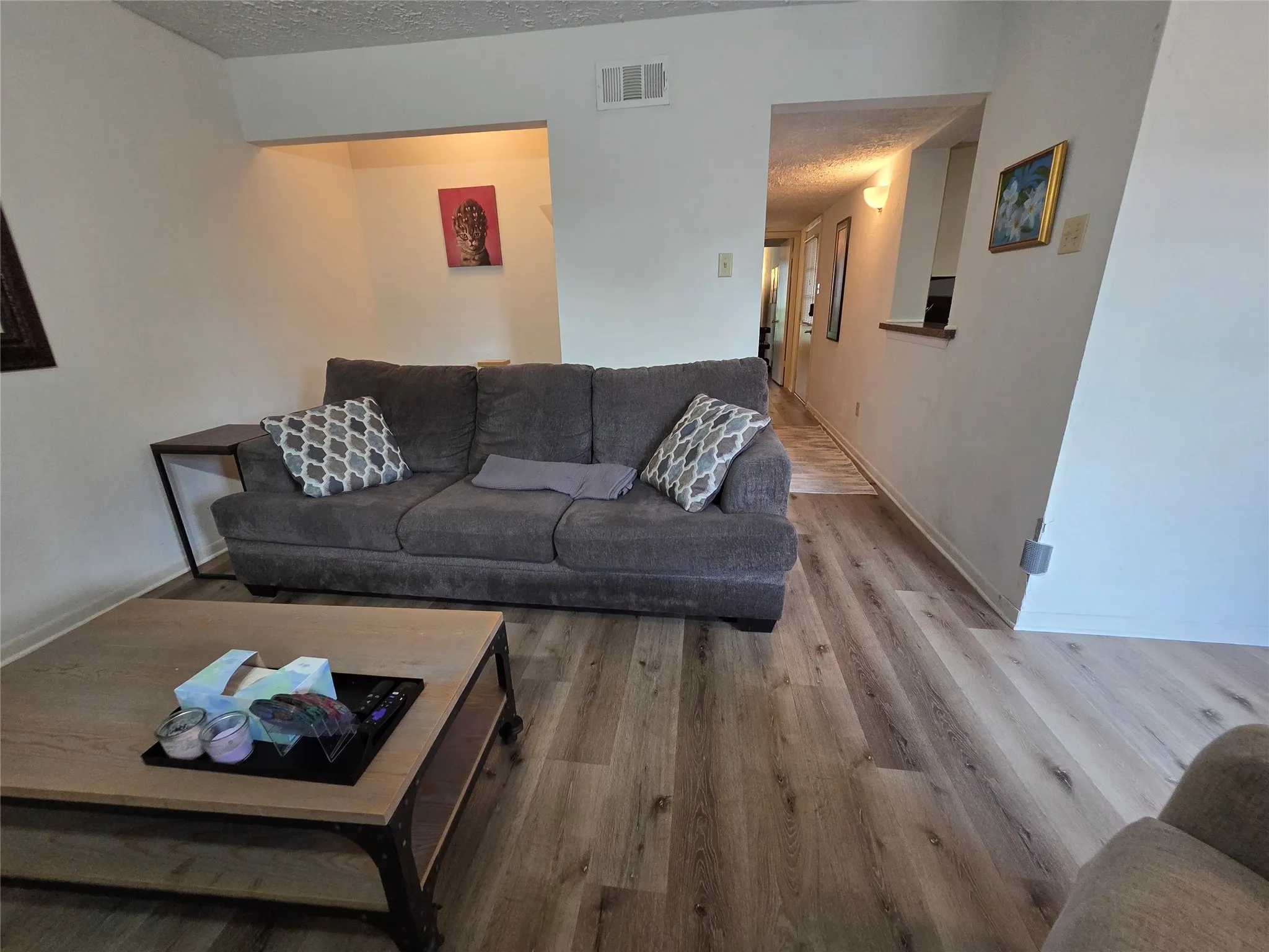 Living area featuring wood-finish flooring, white walls, and an open entryway to an internal hallway