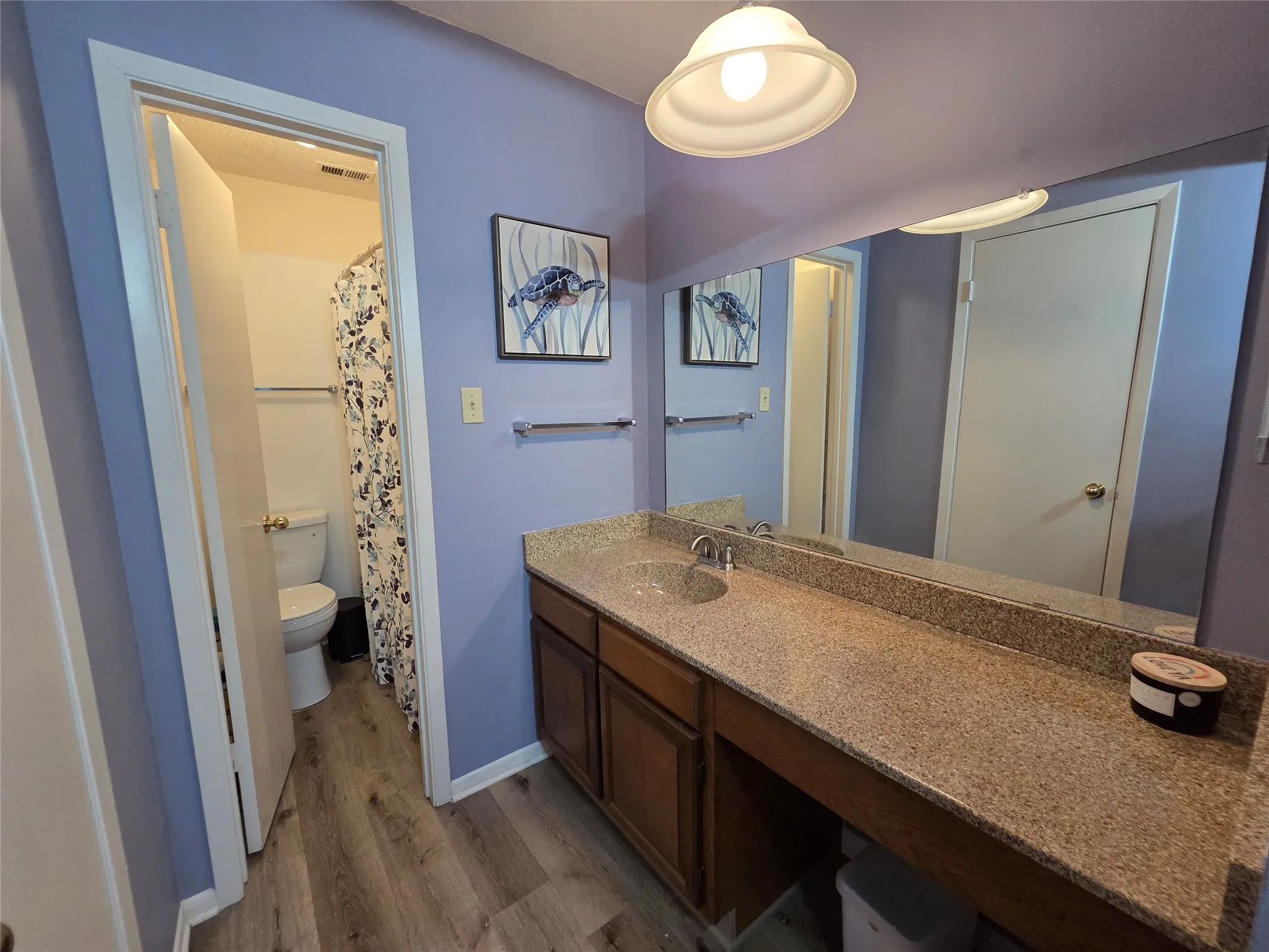 Bathroom vanity featuring an integrated sink, expansive countertop, and wood-finish cabinetry