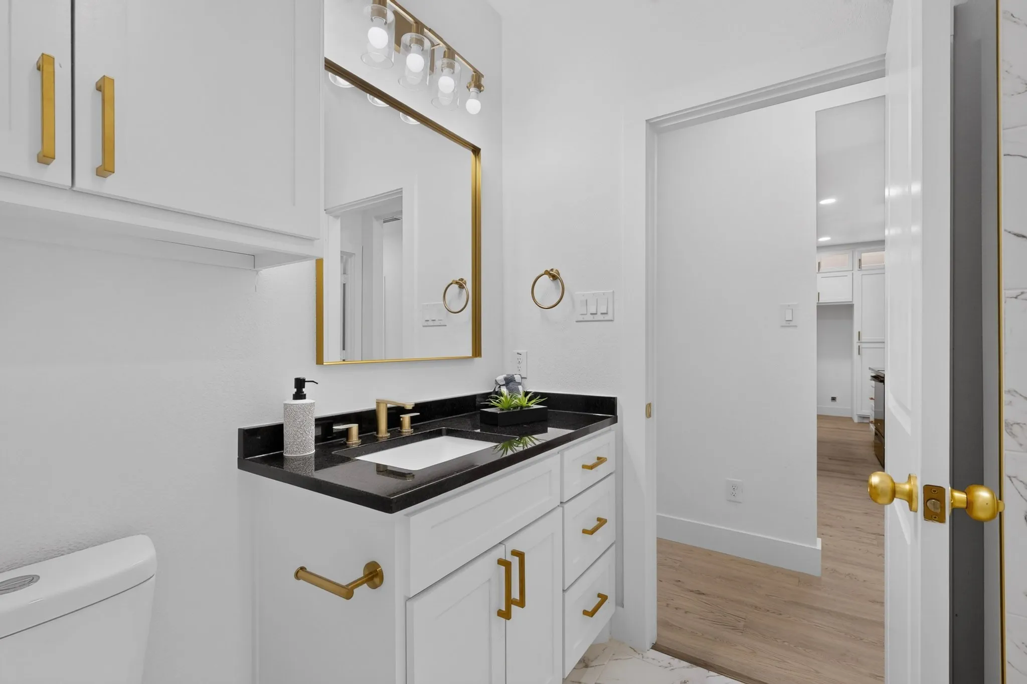 Bathroom featuring a white vanity with gold-tone hardware, a black countertop, and an undermount sink