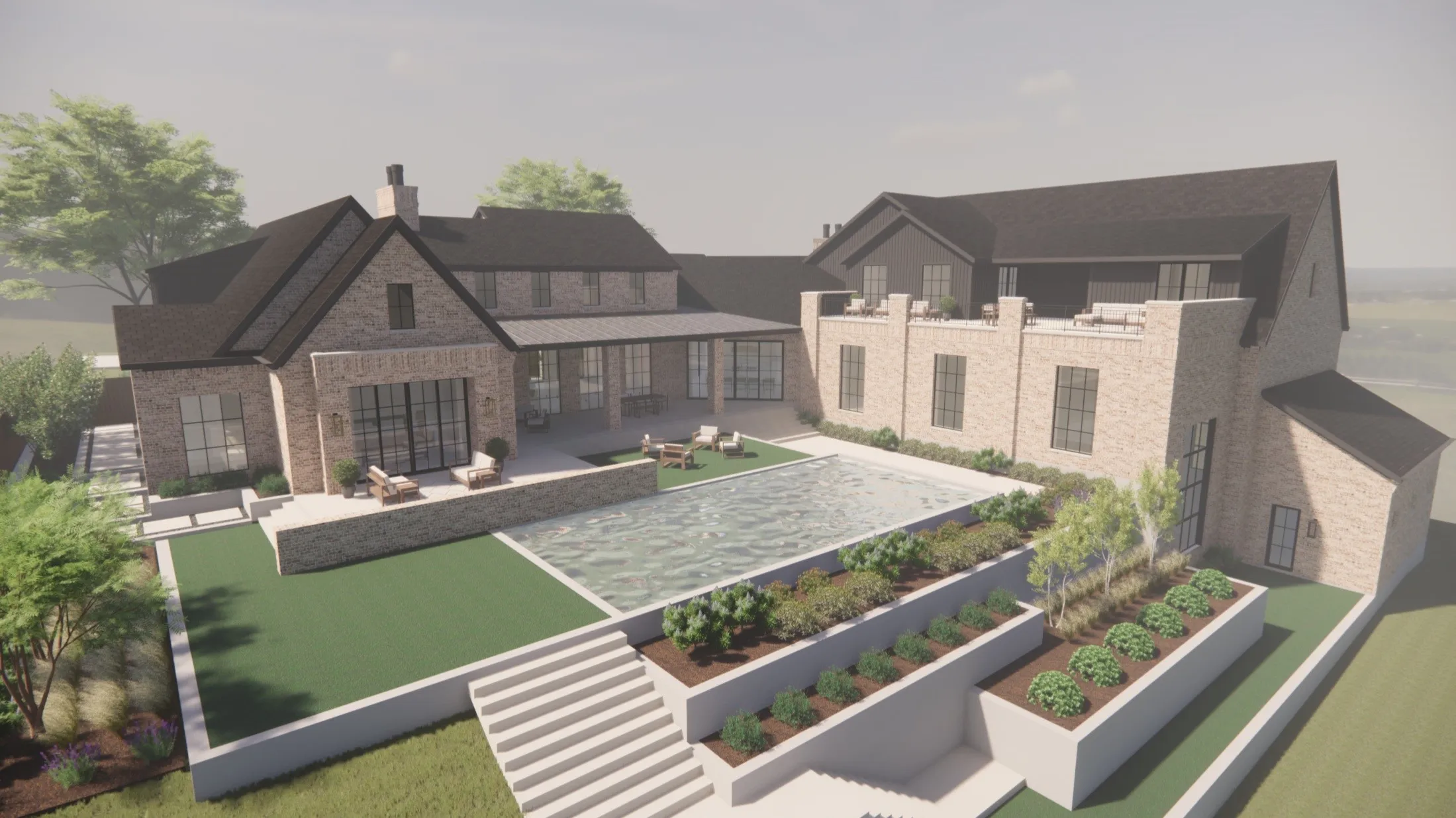 Conceptual rear elevation rendering highlights outdoor living, pool area, terraces, and view-oriented design.