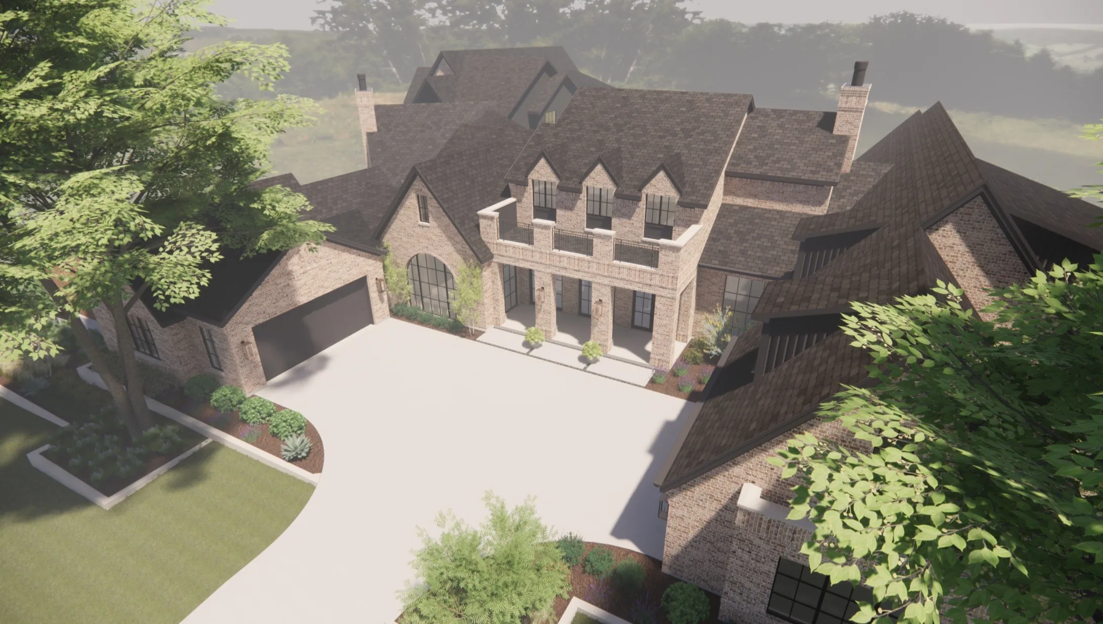 Aerial-style rendering illustrates the scale, layout, and estate-style presence of the proposed custom home.