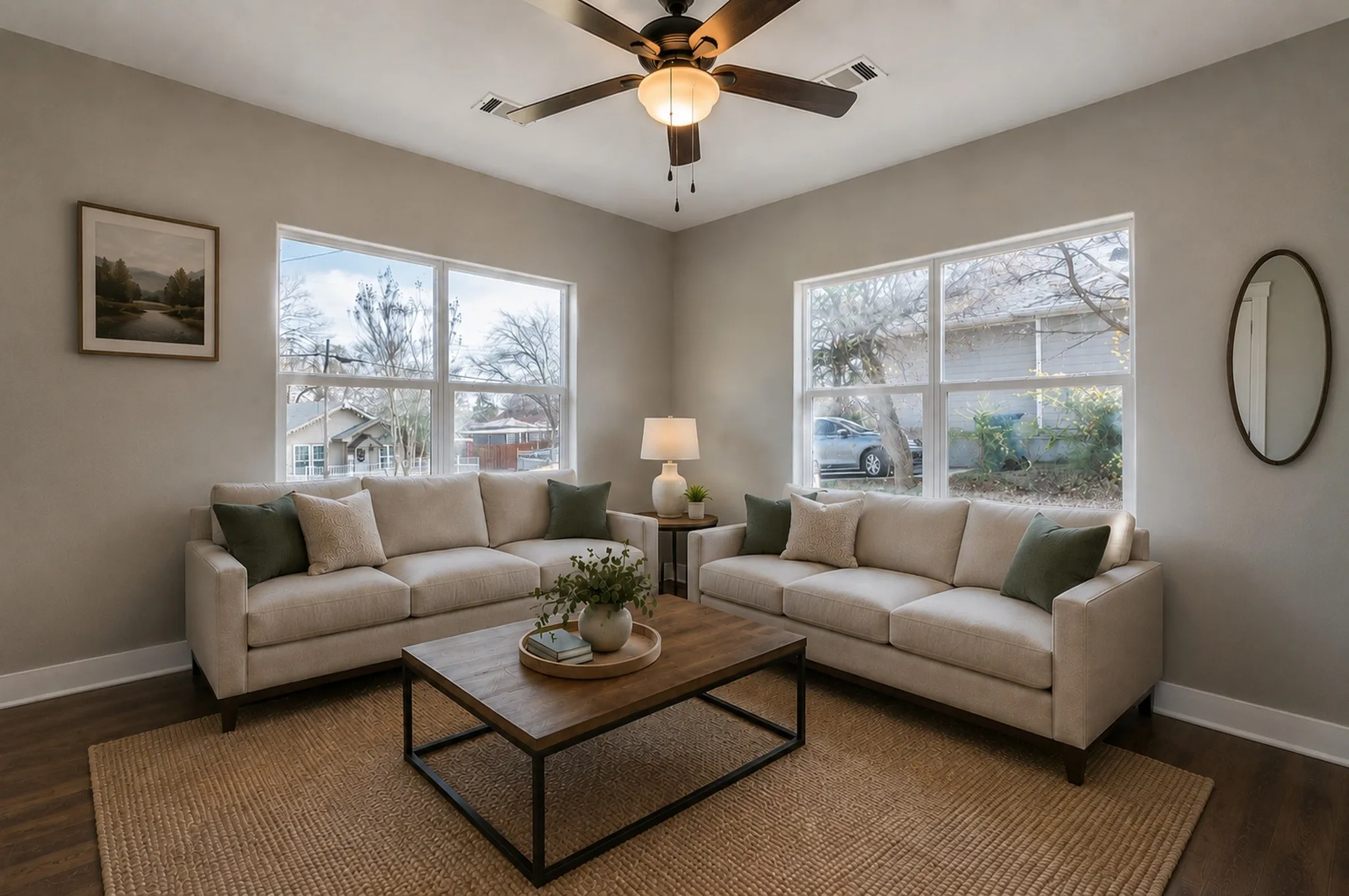 Spacious living area featuring large windows, wood-finish flooring, a ceiling fan with integrated lighting, and neutral wall tones