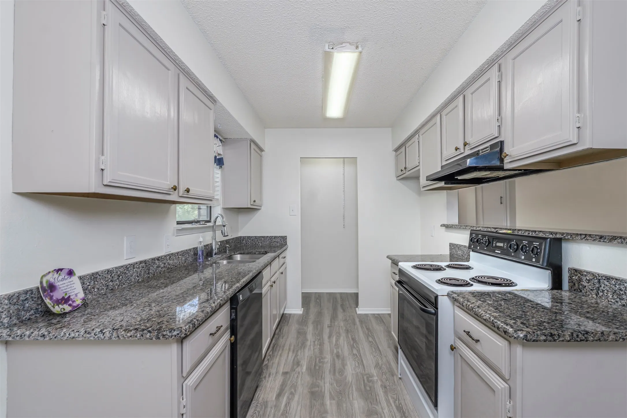 Kitchen featuring wood-finish flooring, light-toned cabinetry, a stainless steel sink, a black and white electric range, and stone countertops