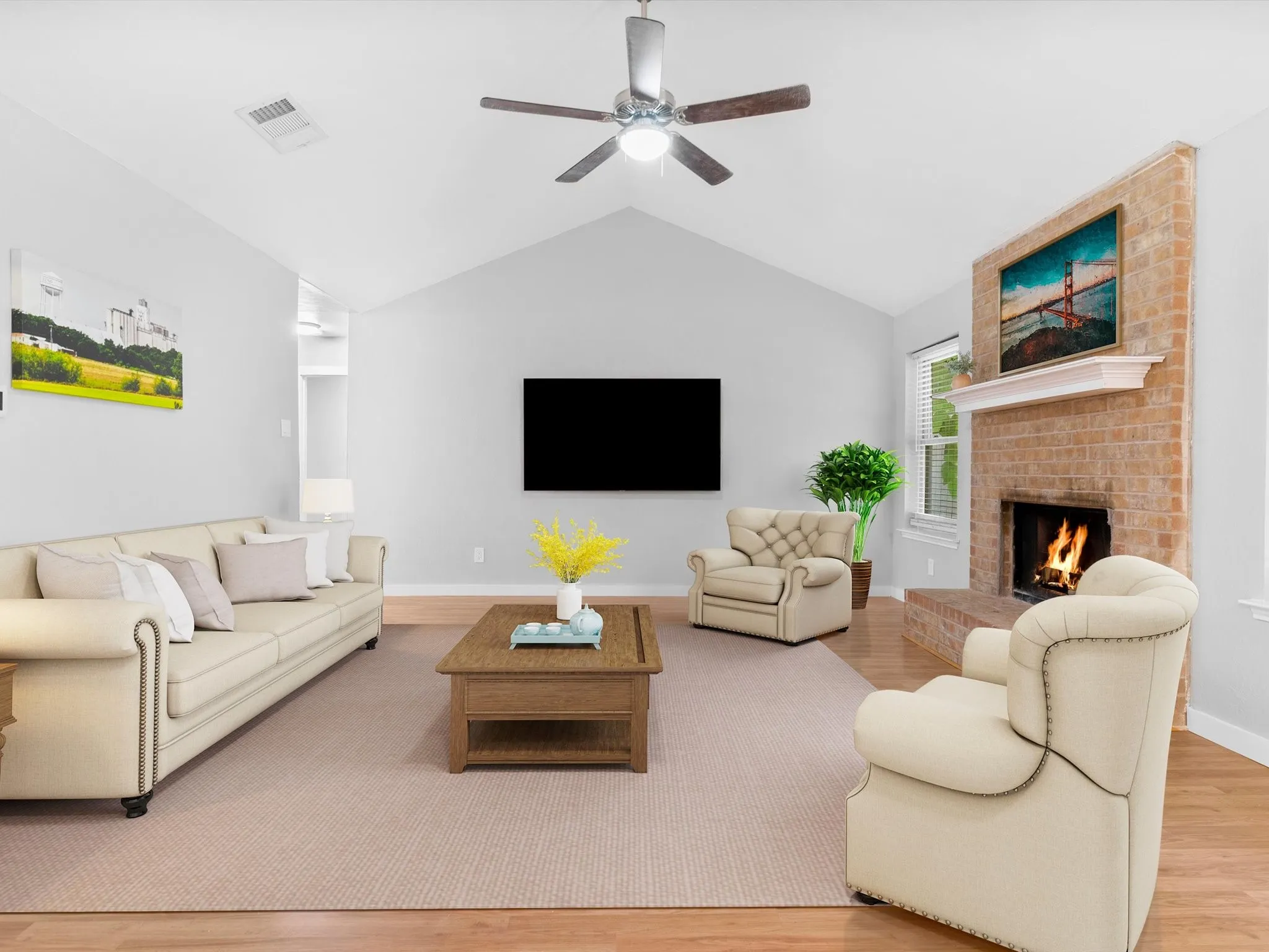 Virtually Staged  living room highlighting the open-concept design.