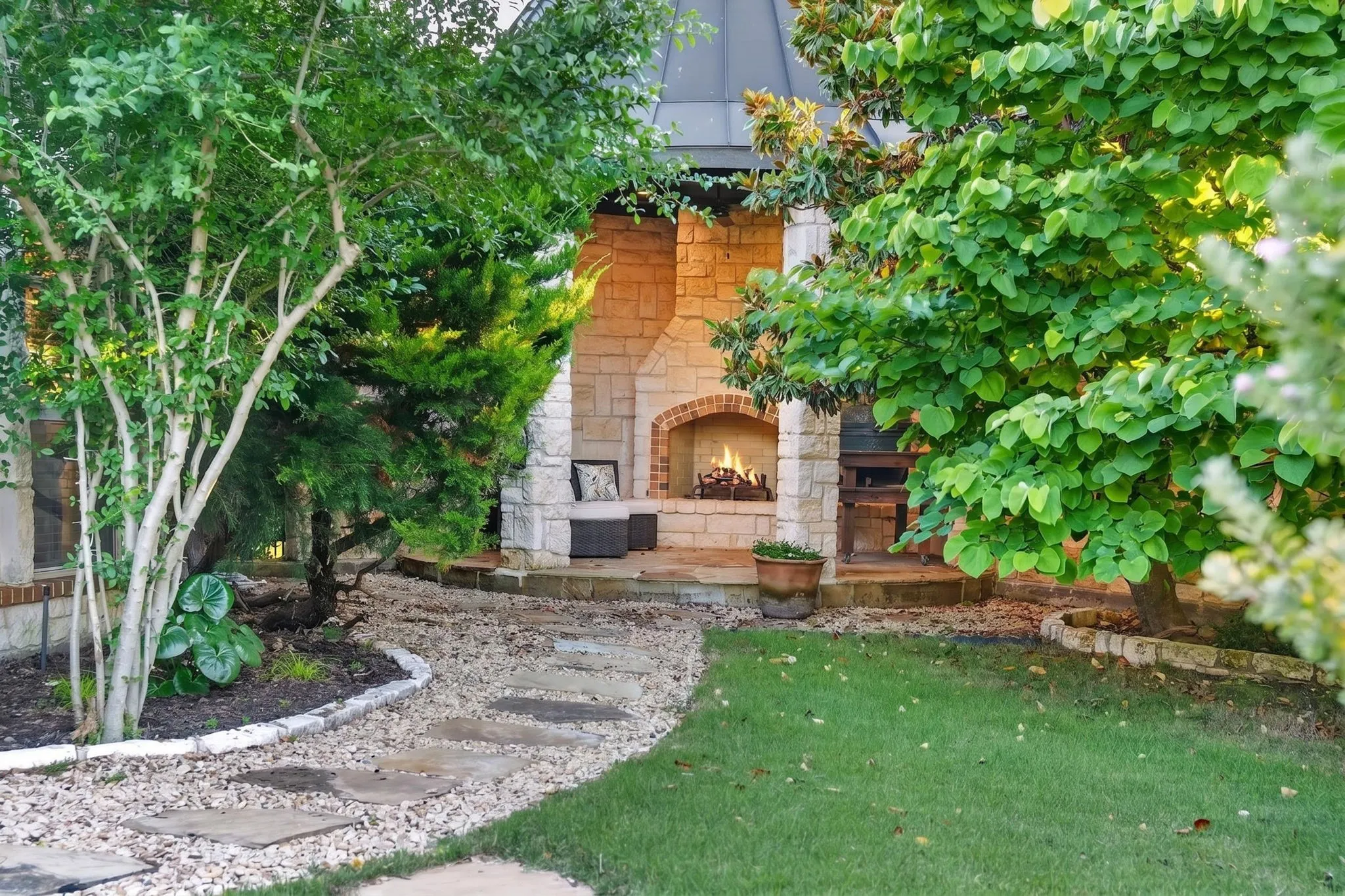 Tucked away gazebo with fireplace