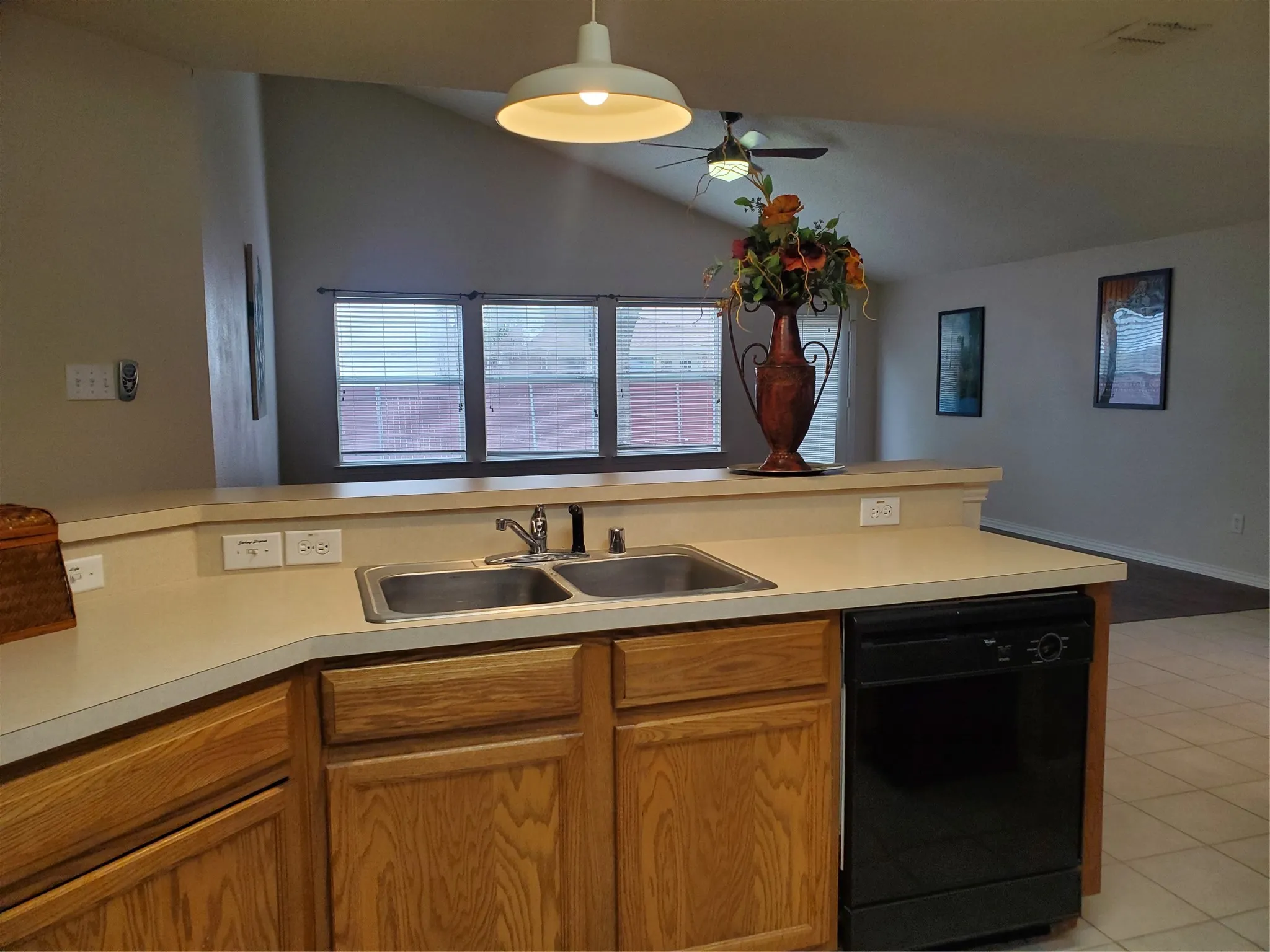 Lot of counter space open to family room.