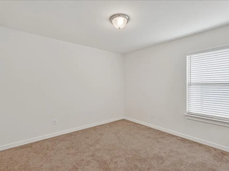 Carpeted room featuring white walls, a single window with horizontal blinds, and a flush-mount ceiling light fixture
