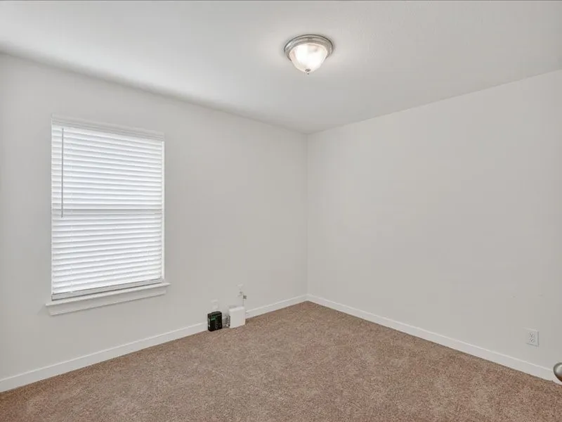 Neutral wall paint with textured carpeting, a flush-mount ceiling light, and a window with blinds